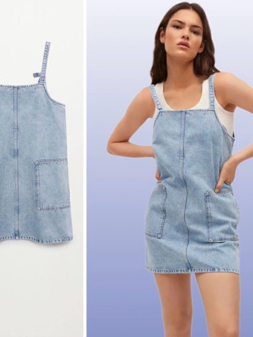 Mango Light Wash Denim Pinafore Mini Dress